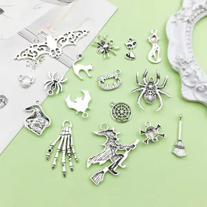 Halloween ασημί κράμα αράχνη νυχτερίδα μάγισσα charms DIY κοσμήματα αξεσουάρ λεπτομέρεια