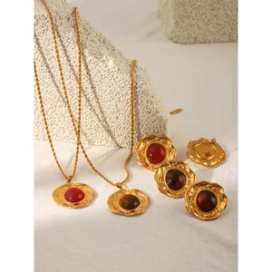 Französische Vintage Edelstahlt Kette mit bernsteinfarbenen Edelsteinen und Ohrringen.