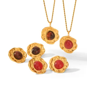 Französisches Vintage Edelstahl Bernstein Edelstein Halskette und Ohrringe Set Schmuck