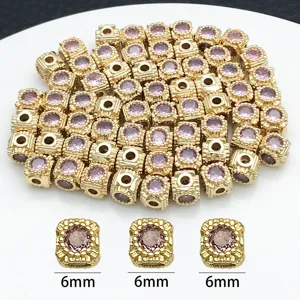 Vergoldete Kupfer Quadrat Abstandshalter Perlen mit roze Zirkonia für DIY Armbänder 6mm