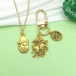 Christmas gold color necklace and keychain charms set holiday DIY jewelry accessories