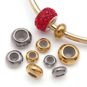 Stainless steel charm bead detail shot, gold and silver tone DIY jewelry spacer component.