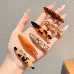 Retro tortoise shell acetate hair clips set, elegant long barrette side bangs hair accessories.