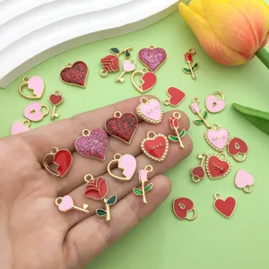 Enamel heart and rose charms for DIY jewelry making, cute alloy pendant accessories.