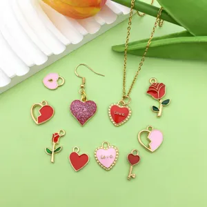 Colorful enamel rose heart pendant charms DIY alloy jewelry accessories set detail view.