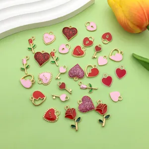 Colorful alloy enamel heart rose key charms DIY jewelry pendant accessories for handmade crafts