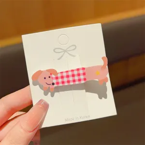 Cute pink dachshund hair clip with red plaid design, sweet cartoon side hairpin for women.