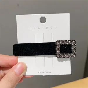 Black velvet hair clip with sparkling rhinestone square buckle, elegant women's hairpin.