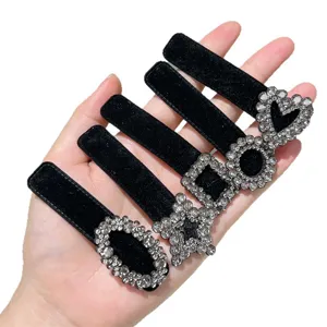 Black velvet rhinestone hair clips set, elegant geometric crystal side clips for women.