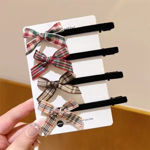 Sweet Preppy Style Plaid Ribbon Bow Hair Clip Velvet Side Clip Cute Hairpin Hair Accessories For Women And Girls