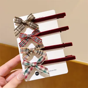 Sweet plaid ribbon hair clips with cute small bows, preppy style hair accessories for women.