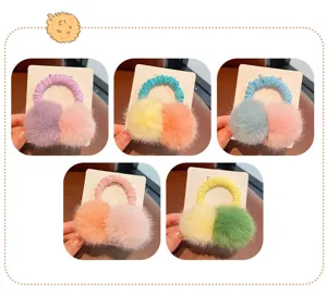 Kids autumn winter plush pom pom hair tie cute sweet furry scrunchie high elasticity hair band