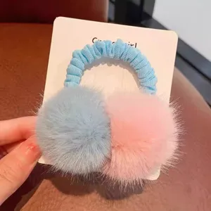 Kids plush pom pom hair tie detail, cute furry hair scrunchie for girls, soft and elastic headwear.