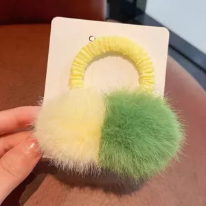 Cute fluffy pom pom hair tie for kids, dual color plush hair scrunchie sweet hair