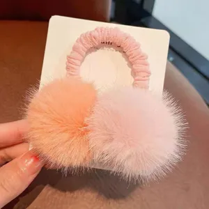 Cute plush pom pom hair tie for kids, sweet furry hair scrunchie, high elastic winter hair accessory.