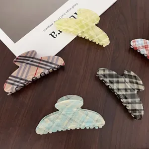 Pince à cheveux en acétate coréenne, grande griffe à carreaux pour femmes et filles style quotidien.