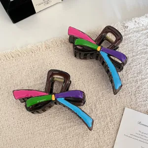 Pince à Cheveux Nœud Couleur Contrastée Style Doux Pince Requin en Résine Acrylique pour Femmes Accessoires de Coiffure