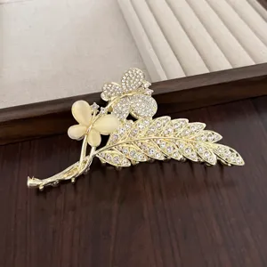 Pince Griffe en Métal Vintage pour Femmes Or Plante Fleur Strass Perle Gland Pince à Cheveux Élégants Accessoires de Cheveux