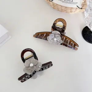 Retro Camelia Perla Pinza para el Pelo Gran Pinza Tiburón Acrílico Resina Accesorios para Cabello Mujer Estilismo Horquilla