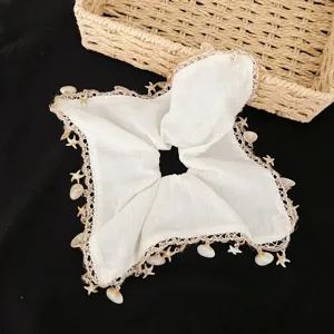 Style vacances coquillage etoile de mer coton lin chouchou dentelle queue de cheval accessoire