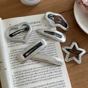 Set de pinzas de pelo de cuero PU plateado con lunares, estilo estrella y corazón lindo.