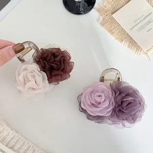 Pince à Cheveux Élégante Double Rose Fleur Résine Transparente Acrylique Chiffon Floral Barrettes Doux Accessoires de Coiffure pour Femmes