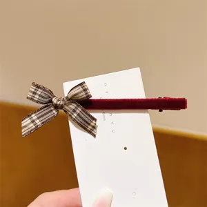 Sweet plaid ribbon bow hair clip velvet barrette cute hair accessory for women detail