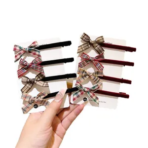 Sweet plaid ribbon bow hair clips set, cute velvet bobby pins for women and girls