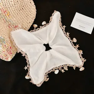 Style de Vacances Coquillage Étoile de mer Lin Coton Foulard Carré Chouchou à Cheveux Garniture en Dentelle Porte-Queue de Cheval Accessoires de Coiffure