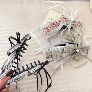 Pastoral floral bow banana hair clip with lace ribbons, sweet daily hair accessory for women.