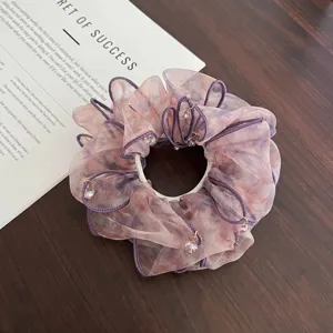 Coletero de malla estilo coreano con cuentas, elegante coletero morado para moños y uso diario.