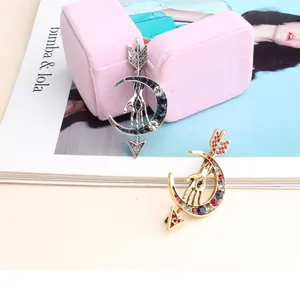 Vintage rhinestone moon arrow hand brooch set, gothic metal crystal lapel pin for women.