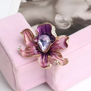 Elegant Zinc Alloy Enamel Peony Flower Brooch With Purple Waterdrop Gemstone Rhinestone Accents Fashion Pin For Coat Suit Dress Gift Women Jewelry