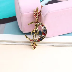 Vintage rhinestone moon arrow brooch hand eye retro alloy lapel pin suit jewelry accessory