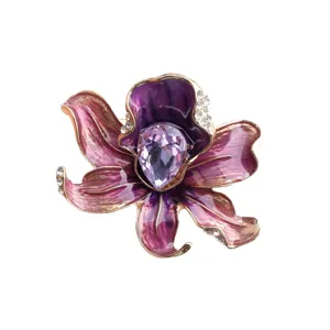 Elegant purple enamel flower brooch with sparkling crystal rhinestones for women coat jacket
