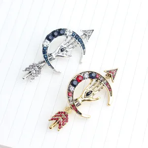 Vintage crystal evil eye crescent moon arrow brooch pin set, retro alloy suit accessories.