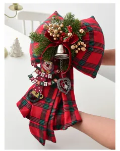 Christmas red green plaid bow hanging ornament with pine berries bell for tree window display