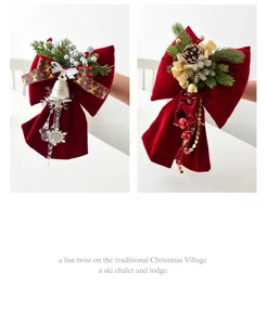 Red velvet Christmas bow pendant with pine cones and bells for holiday decoration