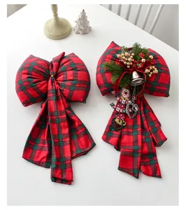 Red green plaid Christmas bow pendant fabric handmade DIY holiday tree window decoration