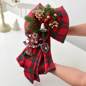 Christmas Tree Decorative Velvet Bowknot Hanging Decoration Holiday Show Window Arrangement Plaid Bow Ornament With Bells Pinecones For New Year Party Decor