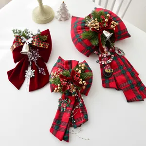 Christmas velvet bow decoration handmade plaid hanging pendant for holiday home tree window decor