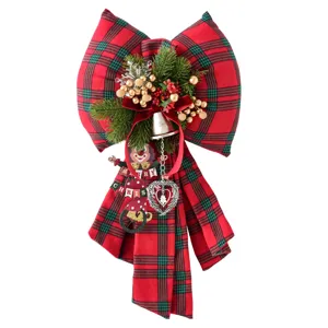 Christmas plaid bow decoration with bells, berries, and festive hanging ornaments for tree.