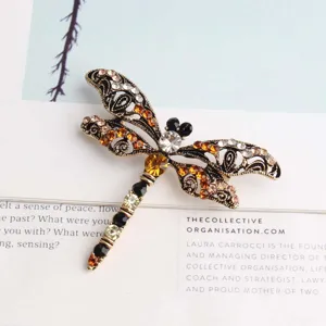 Gedetailleerde close-up van vintage strass libel broche, elegante insecten speld van zinklegering.