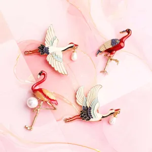 Vintage Chinese Stijl Kraanvogel Flamingo Dier Brosche Emaille Legering Spelden Kunstparel Hanger Kledingaccessoire Sieraden Voor Vrouwen Mannen