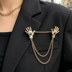 Retro Punk Palm Evil Eye Brooch Pin With Chain Zinc Alloy Rhinestone Lapel Pin For Men Women British Style Clothing Accessories