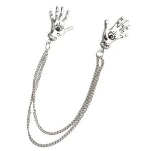 Punk gothic style evil eye hand brooch collar pins with double chain silver metal accessory