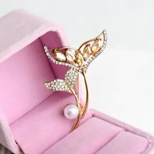 Elegant gold tone fish tail pearl brooch with sparkling rhinestone crystal shiny pin gift