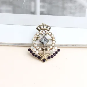 Vintage crystal crown star brooch baroque antique brass sweater pin fashion jewelry for women
