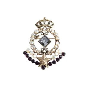 Vintage crystal crown brooch pin for women elegant baroque rhinestone sweater jewelry item