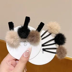 Cute autumn winter mink fur hair clips pom pom duckbill clips sweet side hair accessories